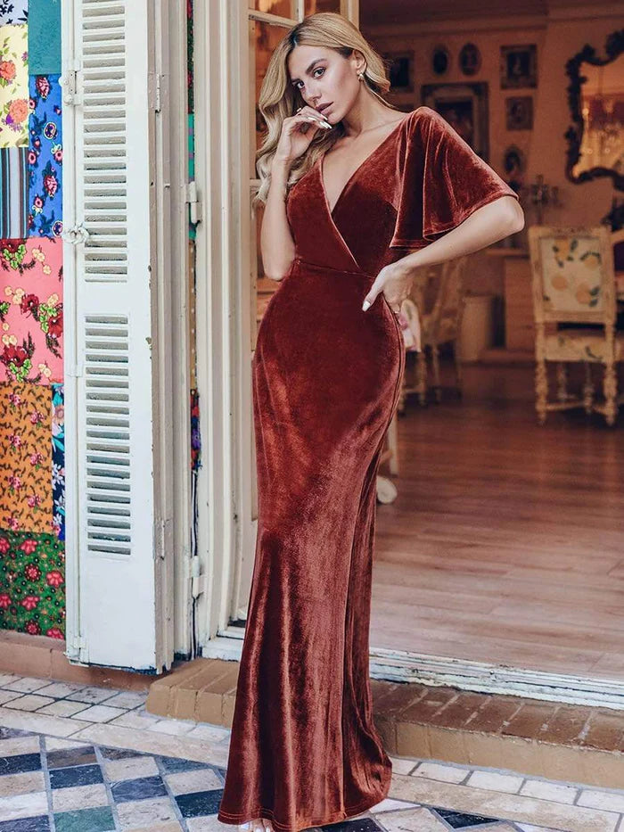 Rust Velvet Mermaid Floor-Length Plunging V Neck Dress with Wrap Bodice and High Slit
