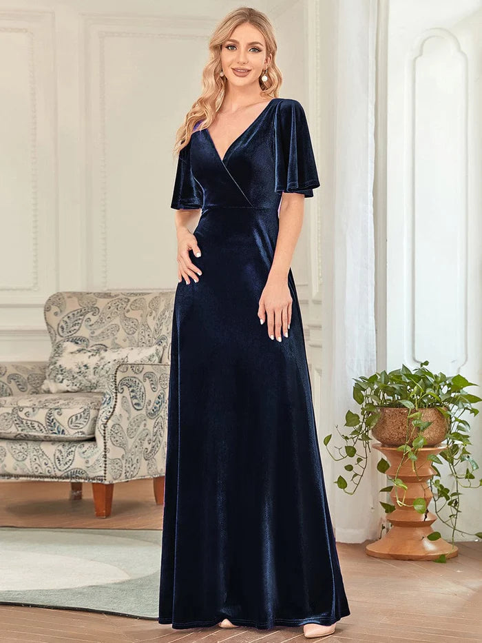 Elegante vestido de dama de honor de terciopelo con escote en V doble para mujer 