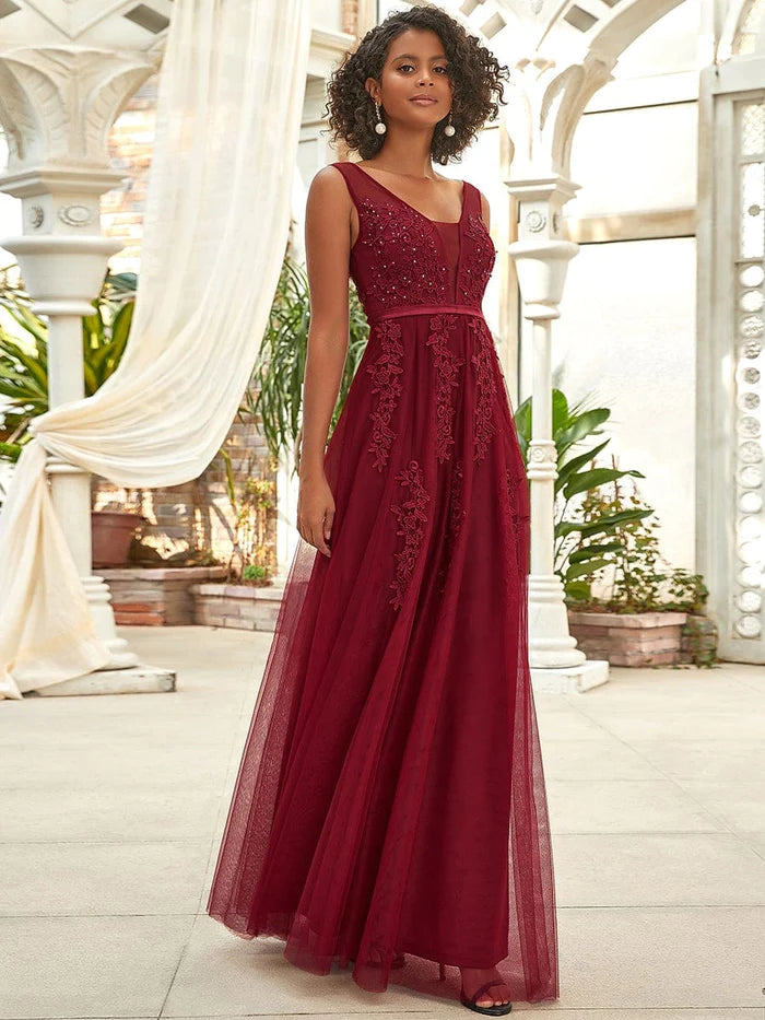 Dusty Blue Tulle A-Line Floor-Length Bridesmaid Dress with Illusion V-Neck & Floral Embroidery