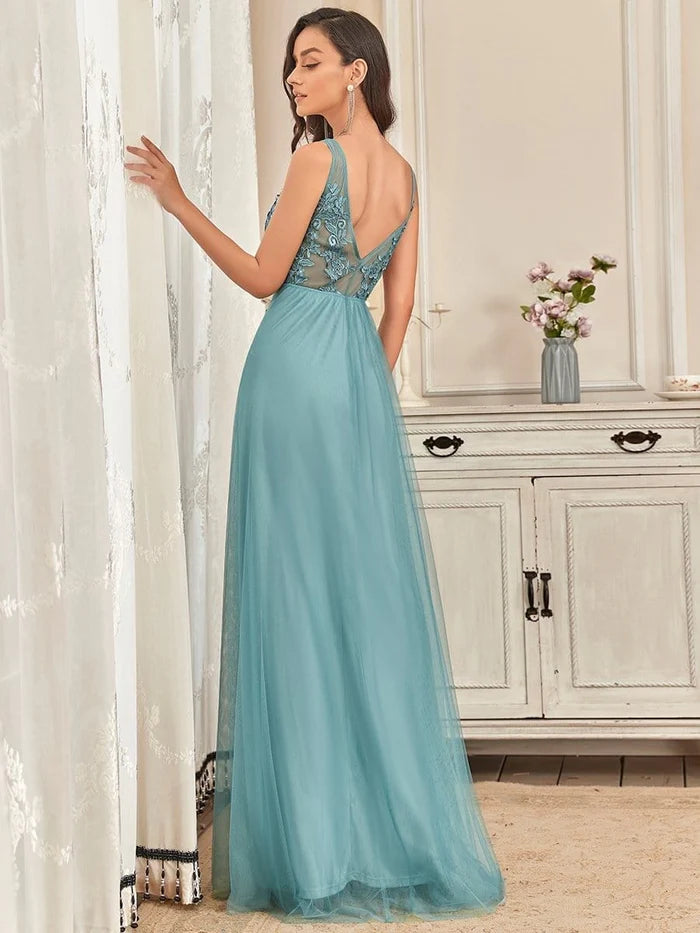 Dusty Blue Tulle A-Line Floor-Length Bridesmaid Dress with Illusion V-Neck & Floral Embroidery