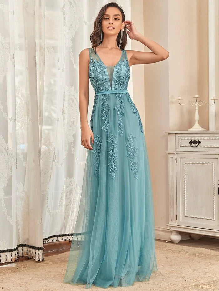 Dusty Blue Tulle A-Line Floor-Length Bridesmaid Dress with Illusion V-Neck & Floral Embroidery