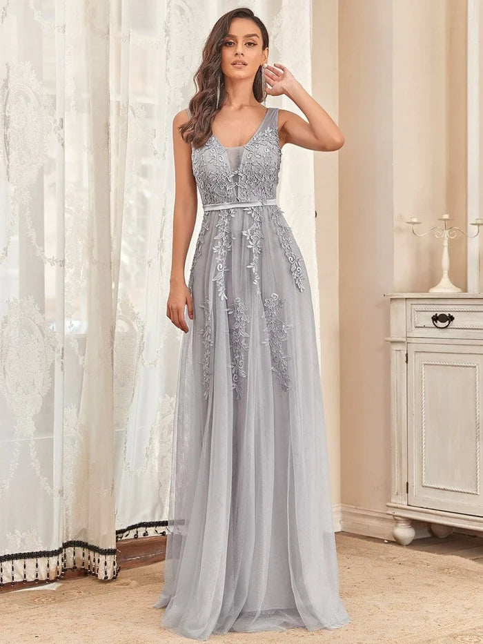 Dusty Blue Tulle A-Line Floor-Length Bridesmaid Dress with Illusion V-Neck & Floral Embroidery