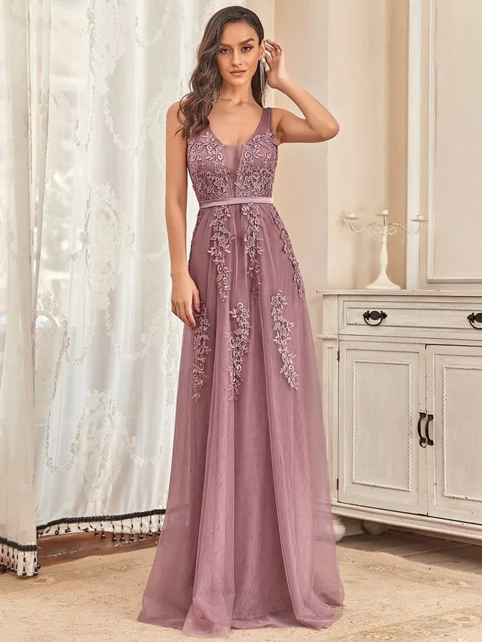 Dusty Blue Tulle A-Line Floor-Length Bridesmaid Dress with Illusion V-Neck & Floral Embroidery