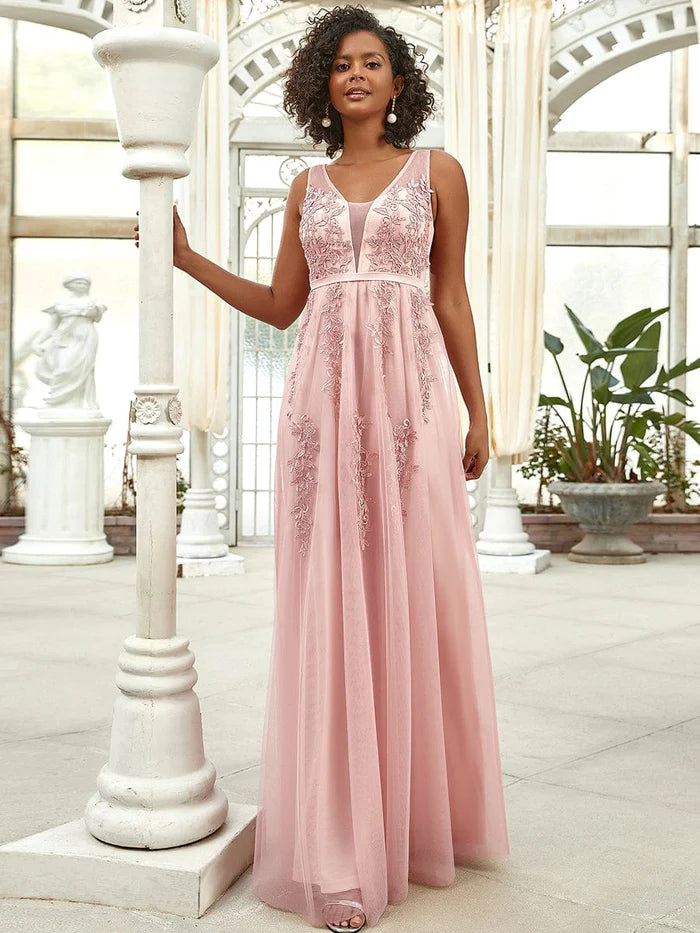 Dusty Blue Tulle A-Line Floor-Length Bridesmaid Dress with Illusion V-Neck & Floral Embroidery