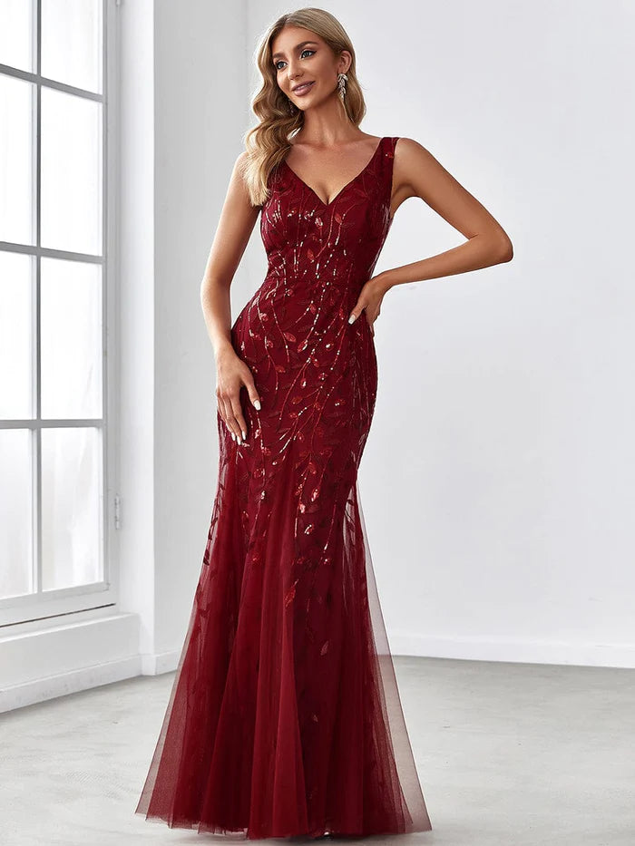Dark Navy Sequin Tulle V-Neck Mermaid Floor-Length Evening Gown