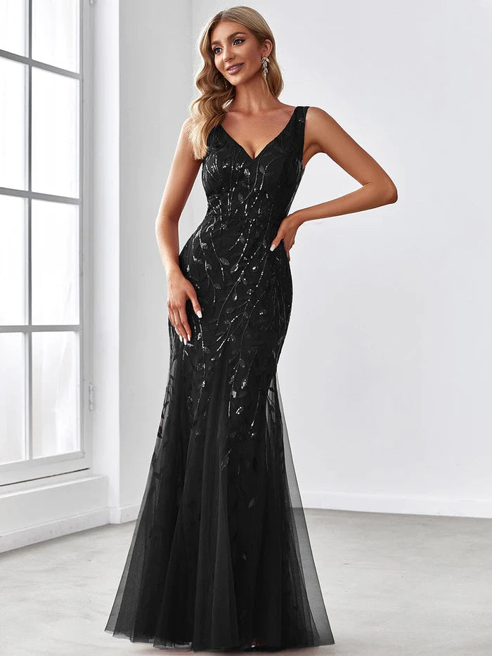Dark Navy Sequin Tulle V-Neck Mermaid Floor-Length Evening Gown