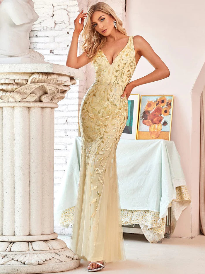 Dark Navy Sequin Tulle V-Neck Mermaid Floor-Length Evening Gown