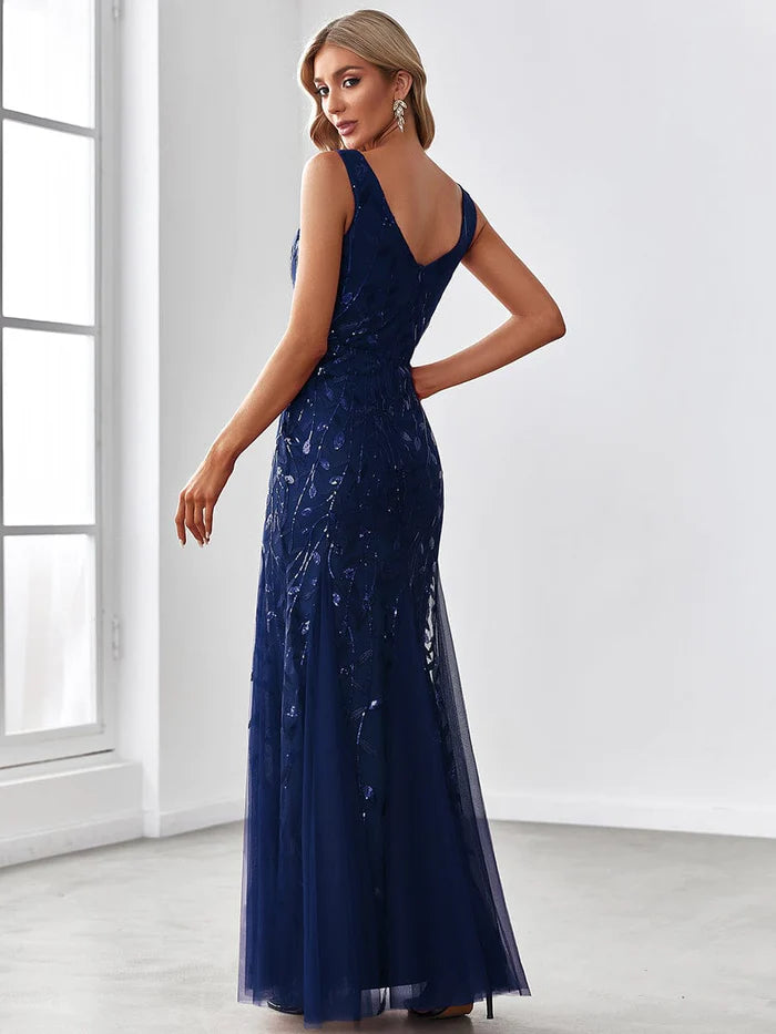 Dark Navy Sequin Tulle V-Neck Mermaid Floor-Length Evening Gown