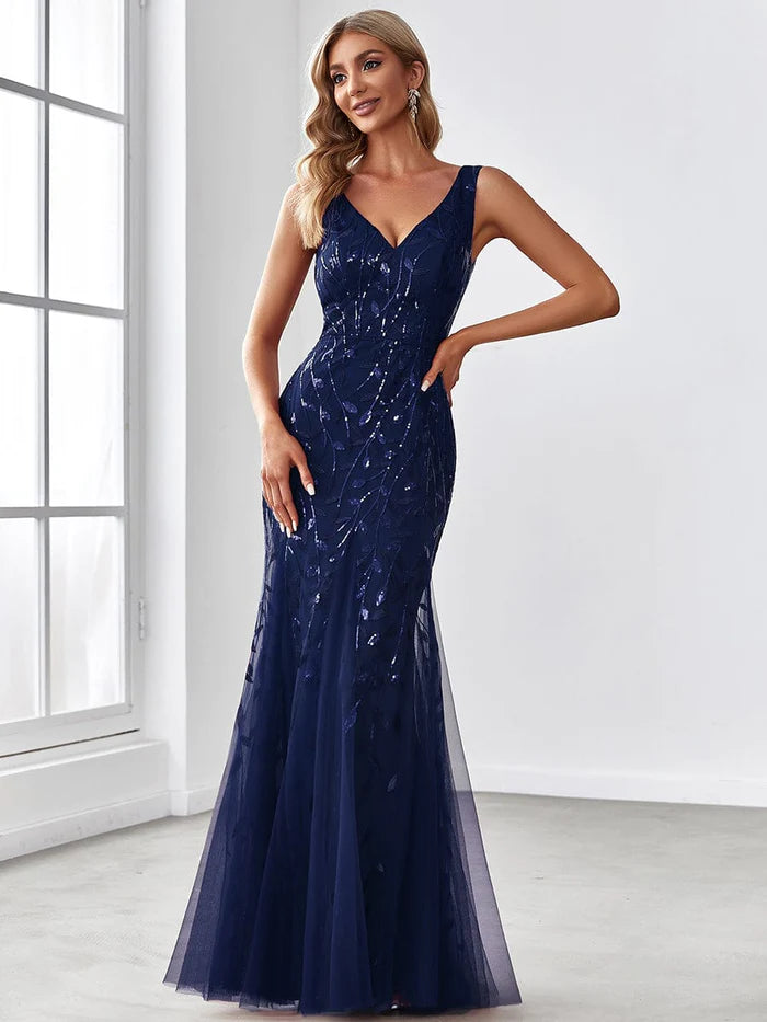 Dark Navy Sequin Tulle V-Neck Mermaid Floor-Length Evening Gown