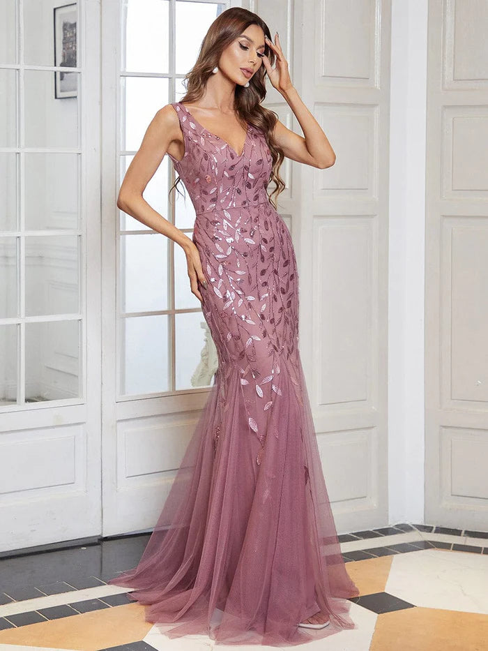 Dark Navy Sequin Tulle V-Neck Mermaid Floor-Length Evening Gown