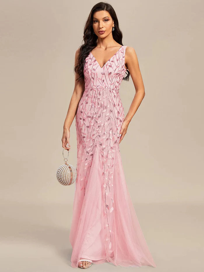Dark Navy Sequin Tulle V-Neck Mermaid Floor-Length Evening Gown