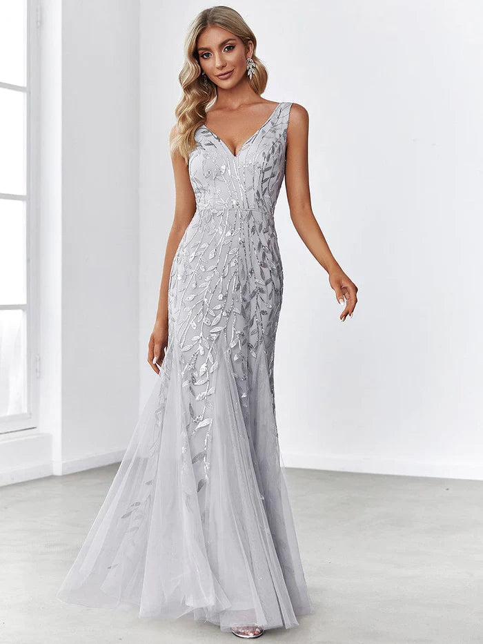 Dark Navy Sequin Tulle V-Neck Mermaid Floor-Length Evening Gown