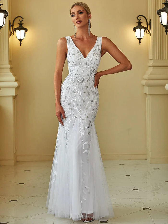 Dark Navy Sequin Tulle V-Neck Mermaid Floor-Length Evening Gown