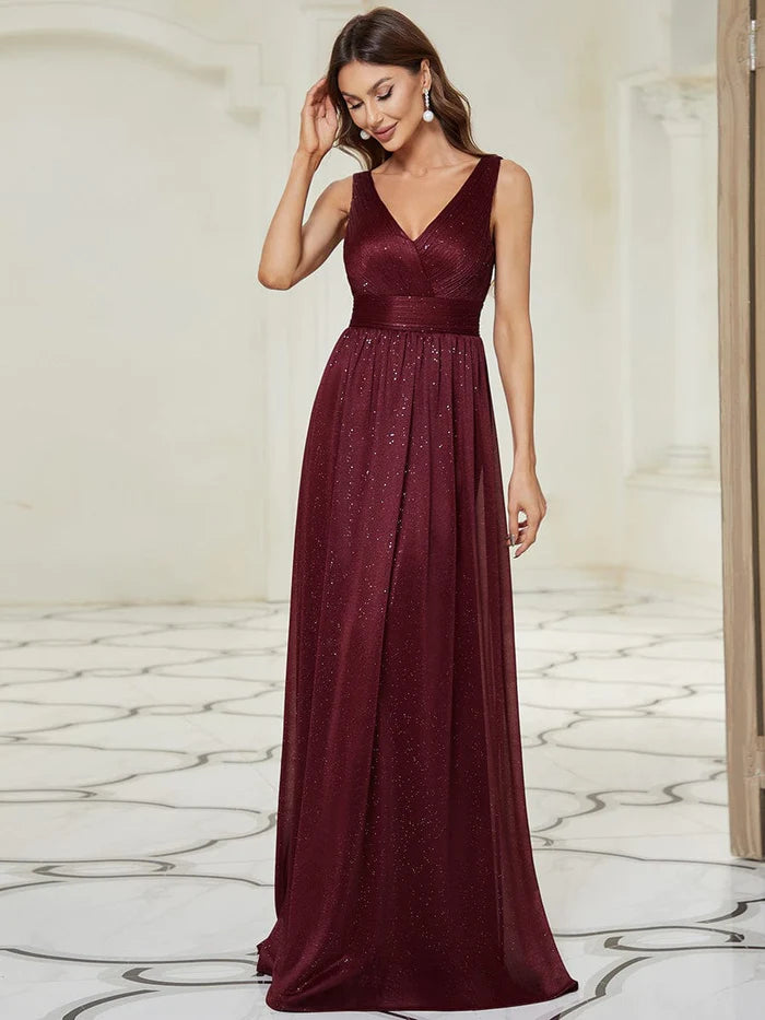 Forest Green Tulle A-Line Floor-Length V-Neck Evening Dress with Ruched Bodice and Glitter Overlay