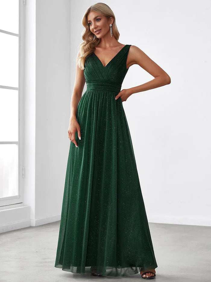 Forest Green Tulle A-Line Floor-Length V-Neck Evening Dress with Ruched Bodice and Glitter Overlay