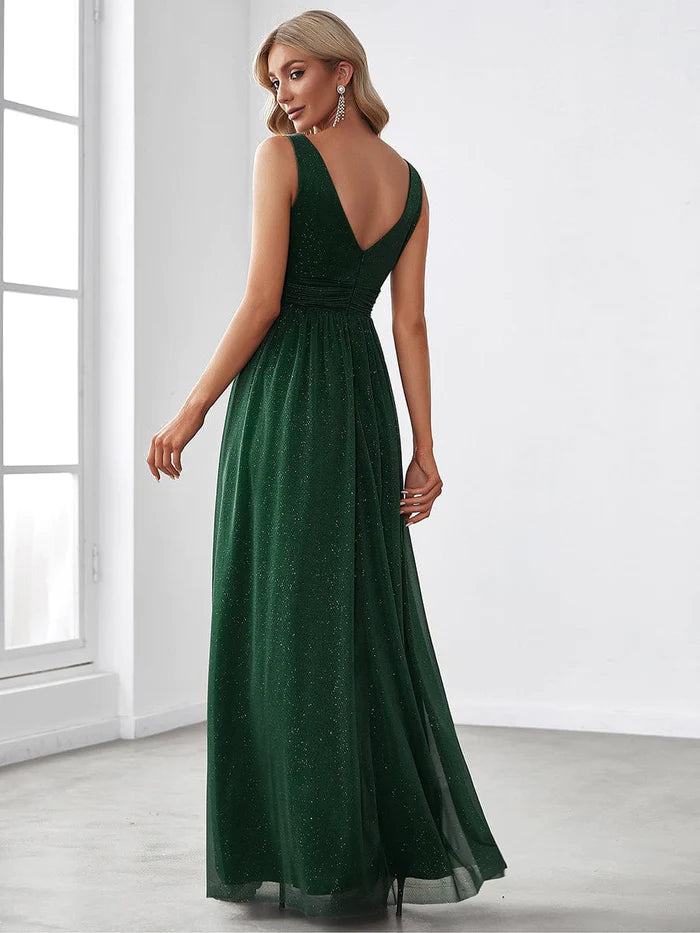 Forest Green Tulle A-Line Floor-Length V-Neck Evening Dress with Ruched Bodice and Glitter Overlay
