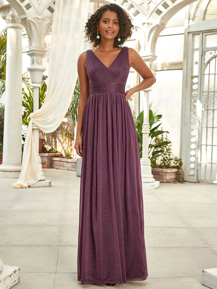 Forest Green Tulle A-Line Floor-Length V-Neck Evening Dress with Ruched Bodice and Glitter Overlay