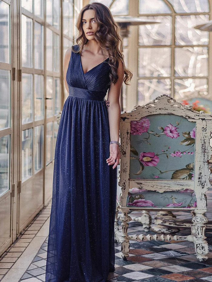 Vestidos de noche brillantes con escote en V doble y largo hasta el suelo para fiesta 