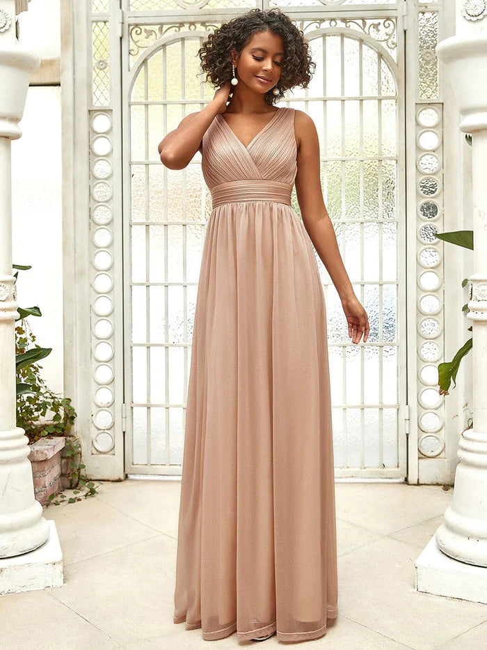 Forest Green Tulle A-Line Floor-Length V-Neck Evening Dress with Ruched Bodice and Glitter Overlay