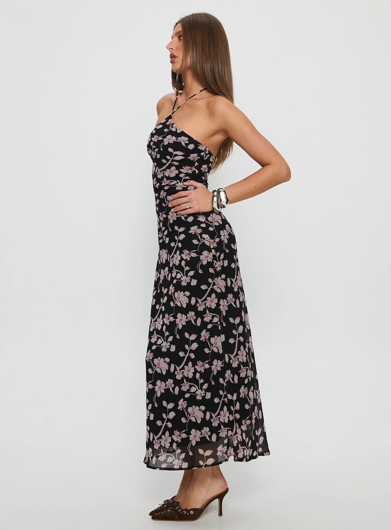 Edgy Elegant Halter Neck Tie-Back Ruched Midi Black Floral Print Prom Dress