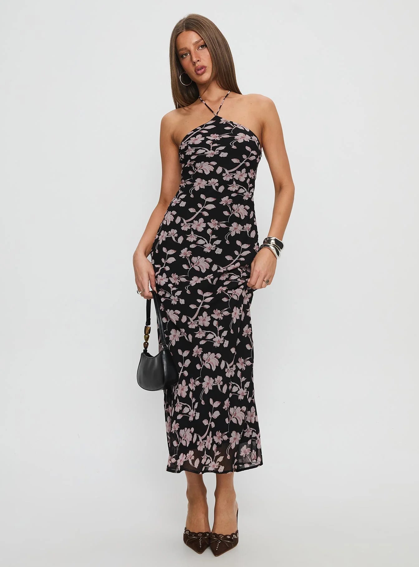 Edgy Elegant Halter Neck Tie-Back Ruched Midi Black Floral Print Prom Dress
