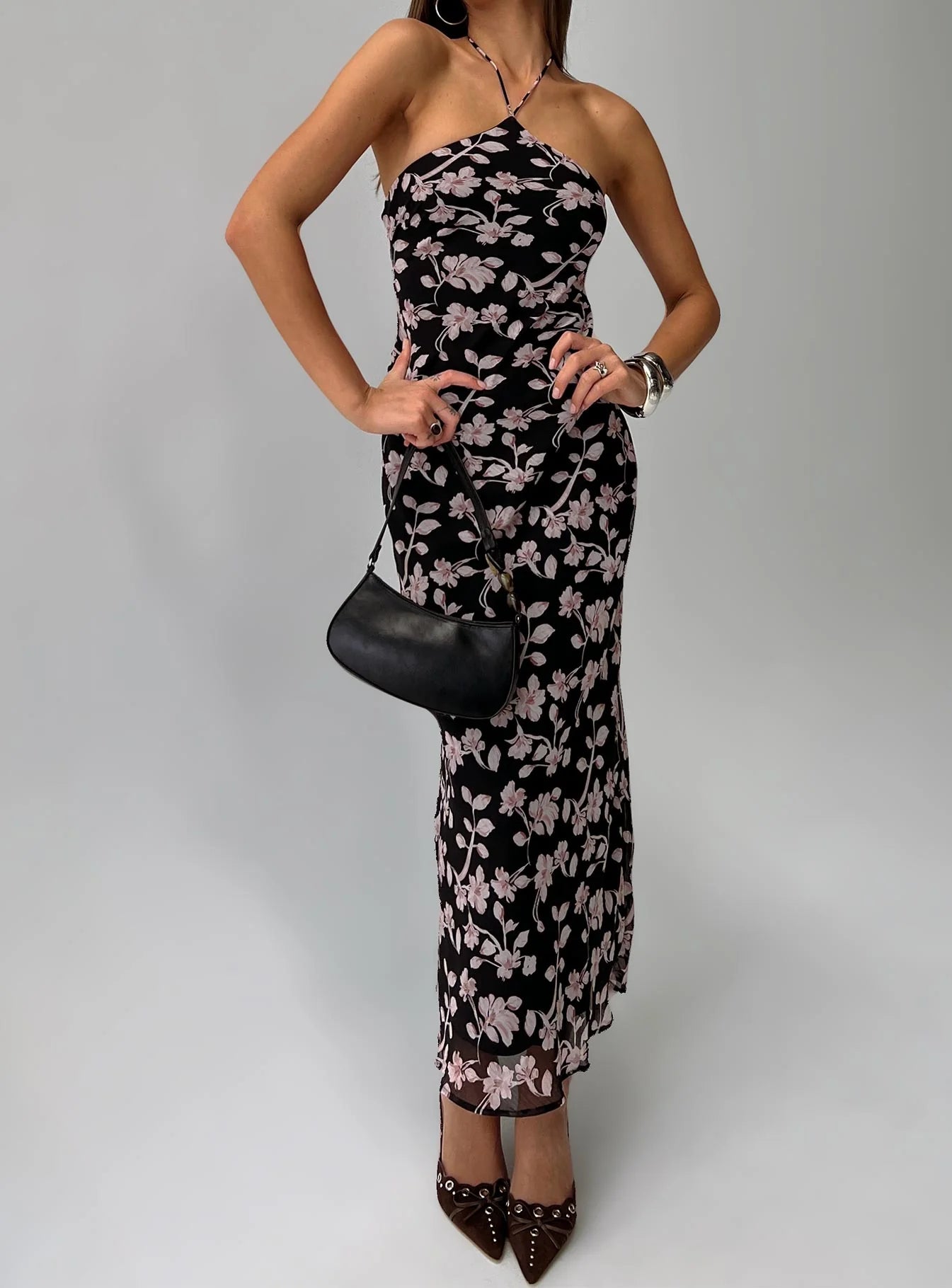Edgy Elegant Halter Neck Tie-Back Ruched Midi Black Floral Print Prom Dress