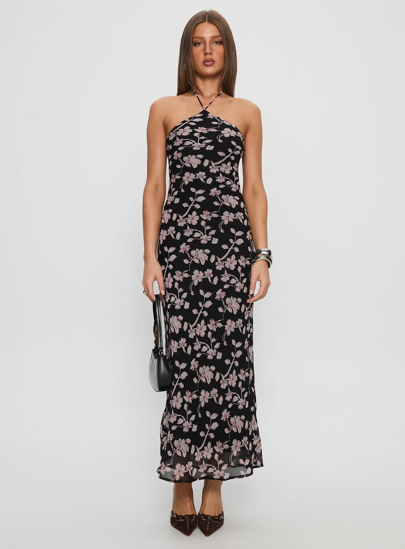 Edgy Elegant Halter Neck Tie-Back Ruched Midi Black Floral Print Prom Dress