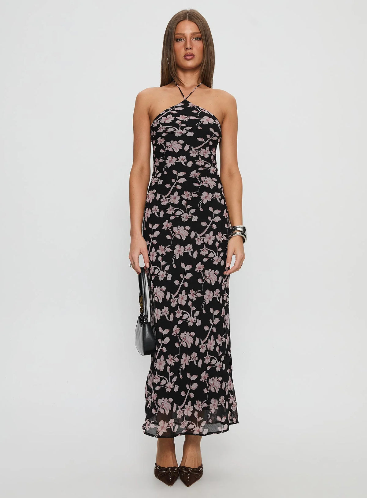 Black Chiffon Sheath/column Midi Dress with Halter neckline and Side ruching