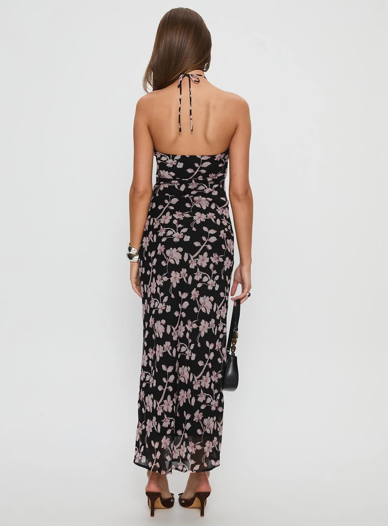 Edgy Elegant Halter Neck Tie-Back Ruched Midi Black Floral Print Prom Dress