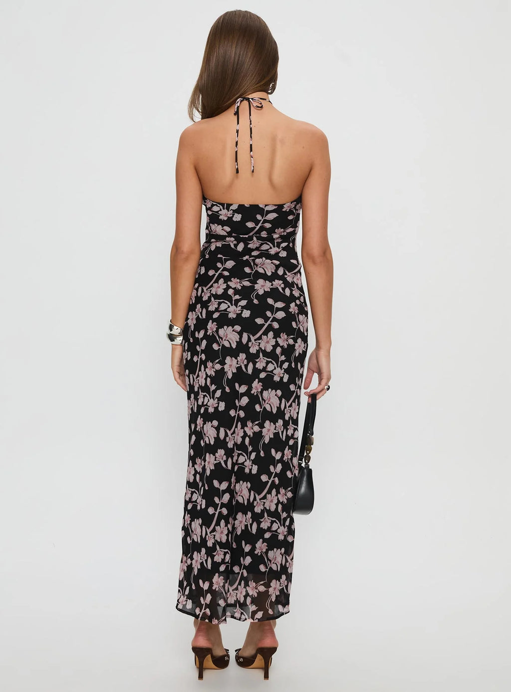 Black Chiffon Sheath/column Midi Dress with Halter neckline and Side ruching