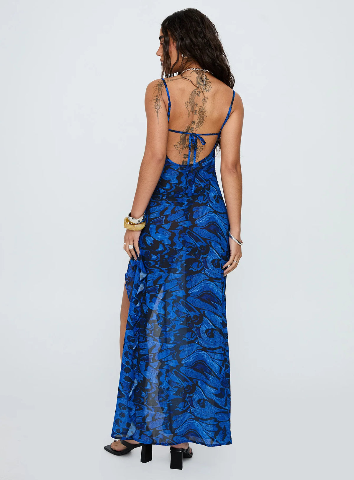 Blue Chiffon A-Line Floor-Length V-Neck Dress with Ruffles & High Slit for Evenings