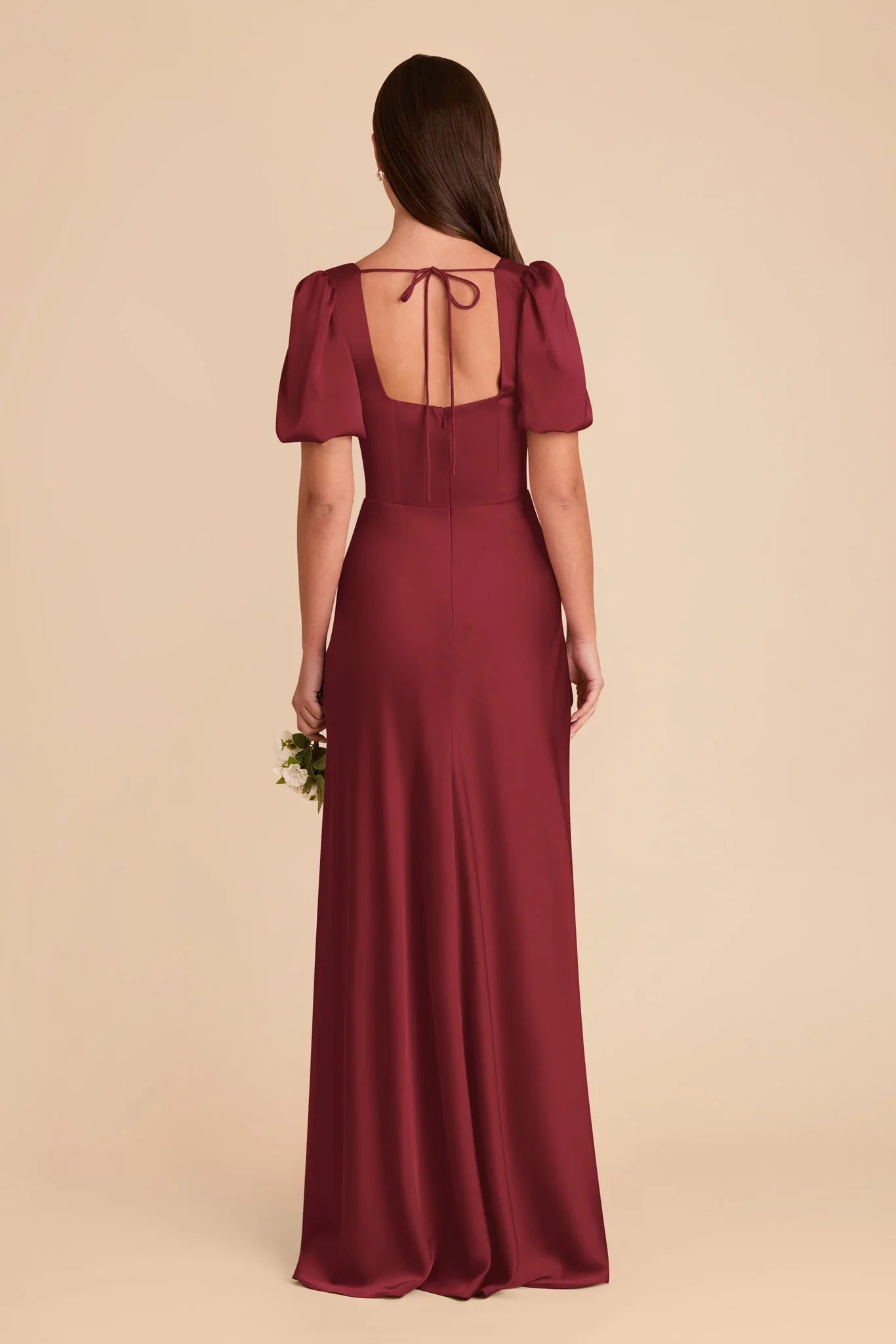 Elegant Fitted Satin Square Neck Puff Sleeve Zipper Back Floor-Length Bridesmaid Dresses