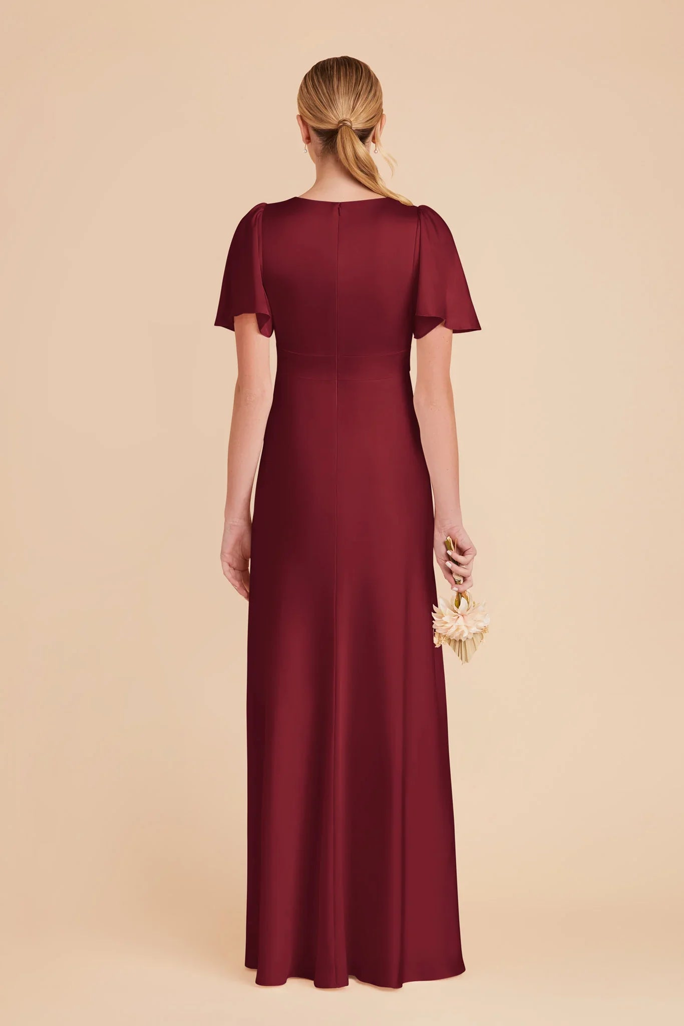 Elegant Fitted Satin V Neck Flutter Sleeve Closed Back Floor Length Bridesmaid Dresses
