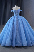 Embellished Blue Off-the-Shoulder Tulle Ball Gown Dress