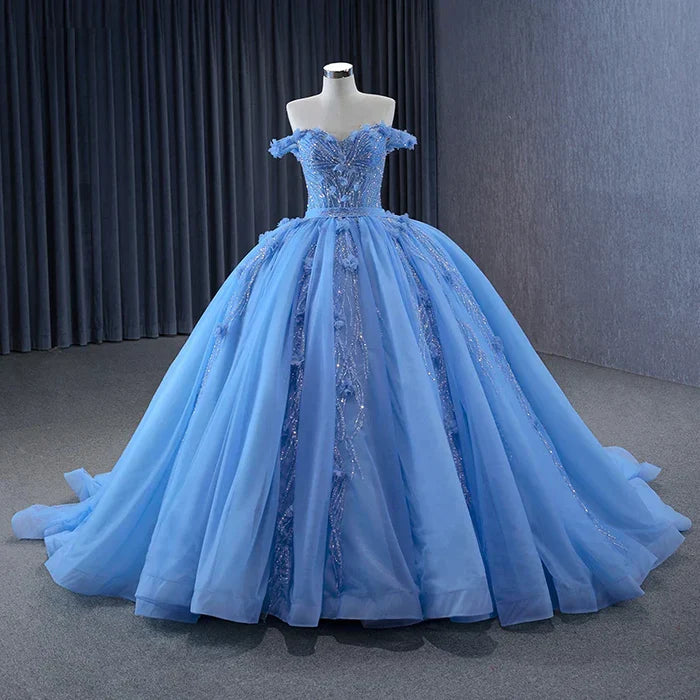 Embellished Blue Off-the-Shoulder Tulle Ball Gown Dress