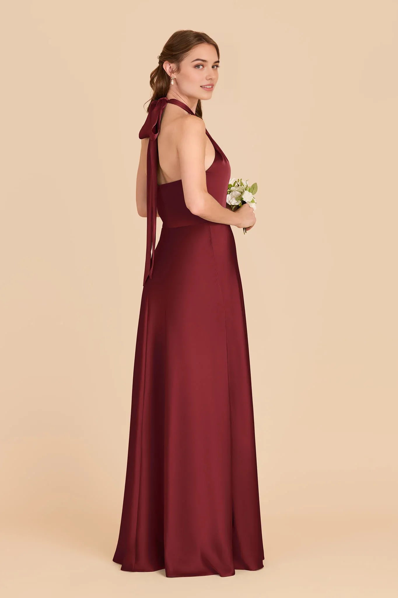 Elegant Sheath Satin Halter Neck Sleeveless Bow Back Floor Length Bridesmaid Dress