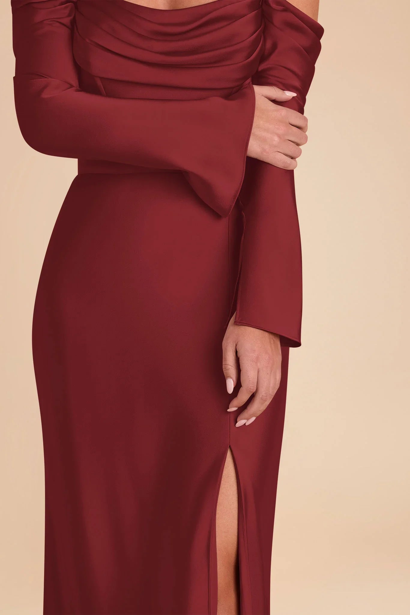 Elegant Sheath Satin Off the Shoulder Long Sleeve Open Back Floor Length Bridesmaid Dress
