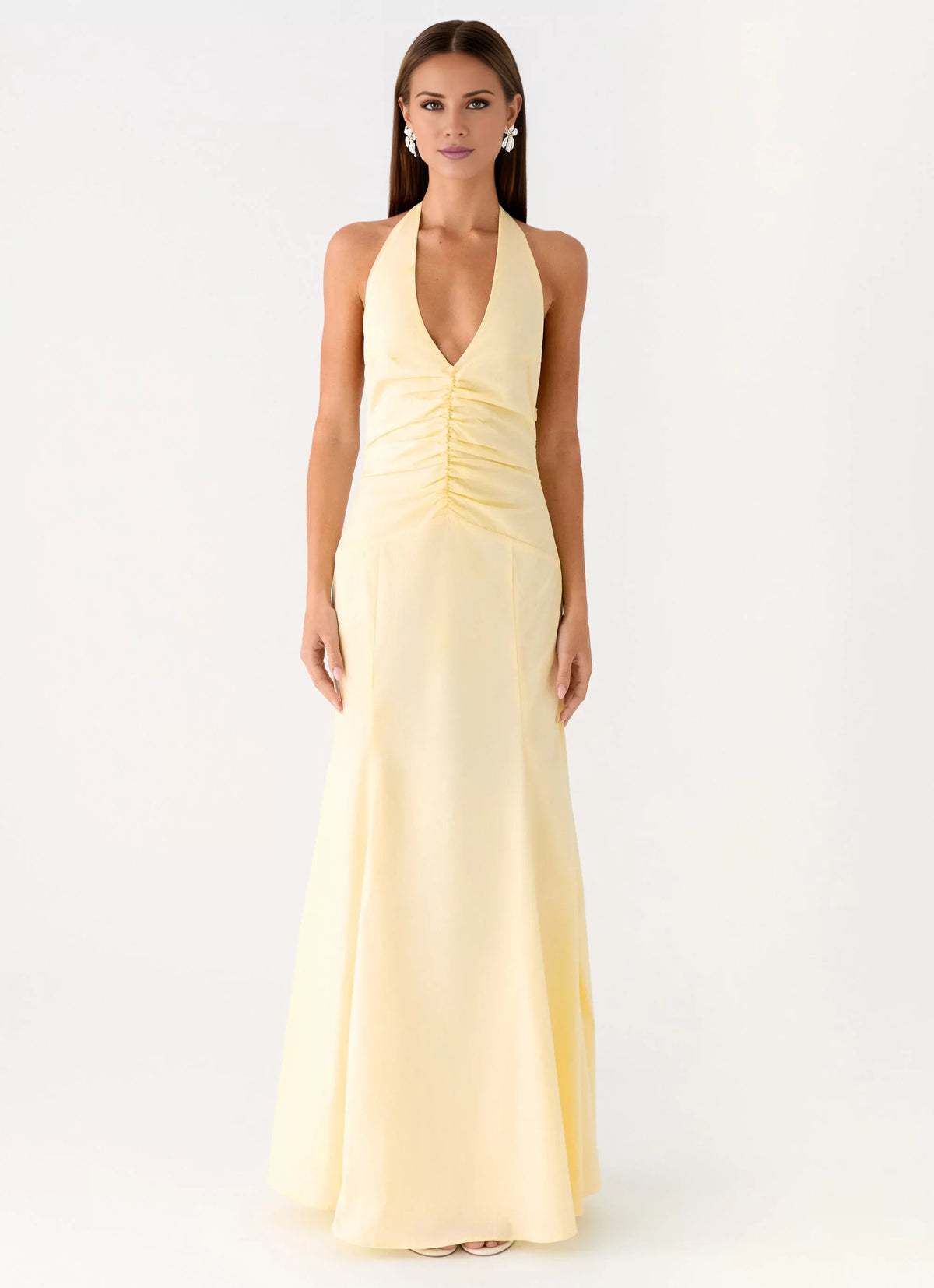 Butter Chiffon Halter A-Line Floor-Length Bridesmaid Dress with Ruched Bodice
