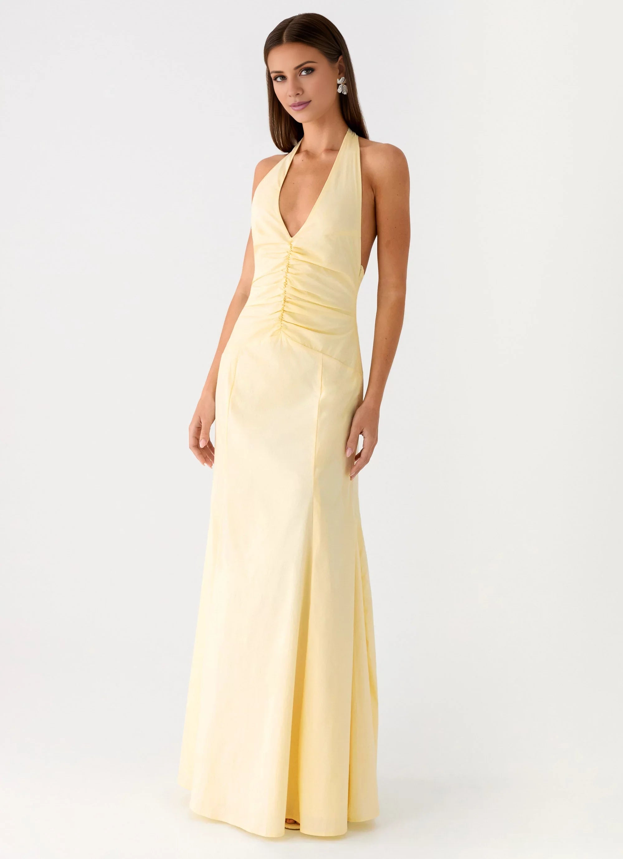 Elegant-Simple Halter Neck Sleeveless Ruched Open-Back Floor-Length Prom Dress