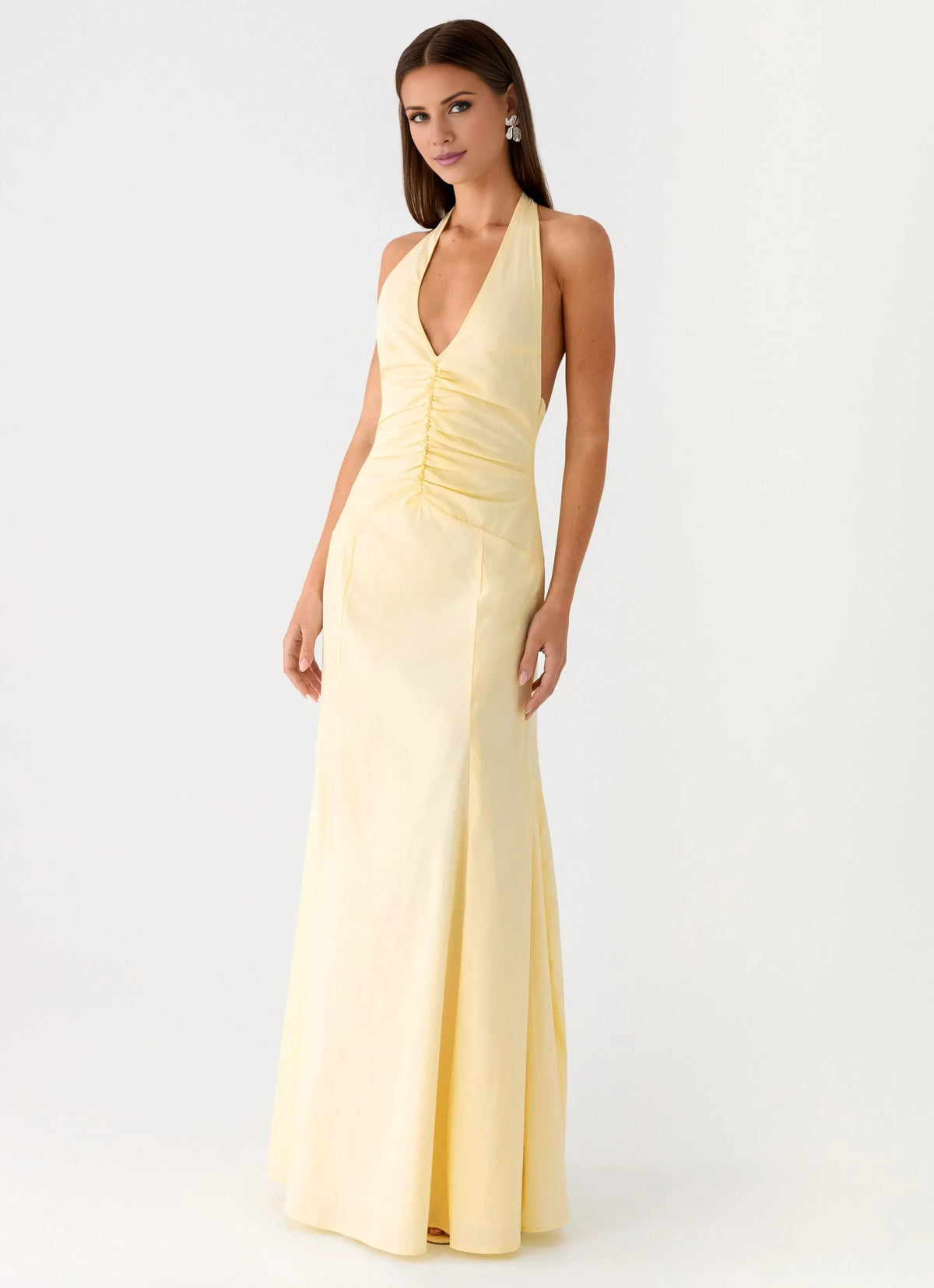 Butter Chiffon Halter A-Line Floor-Length Bridesmaid Dress with Ruched Bodice