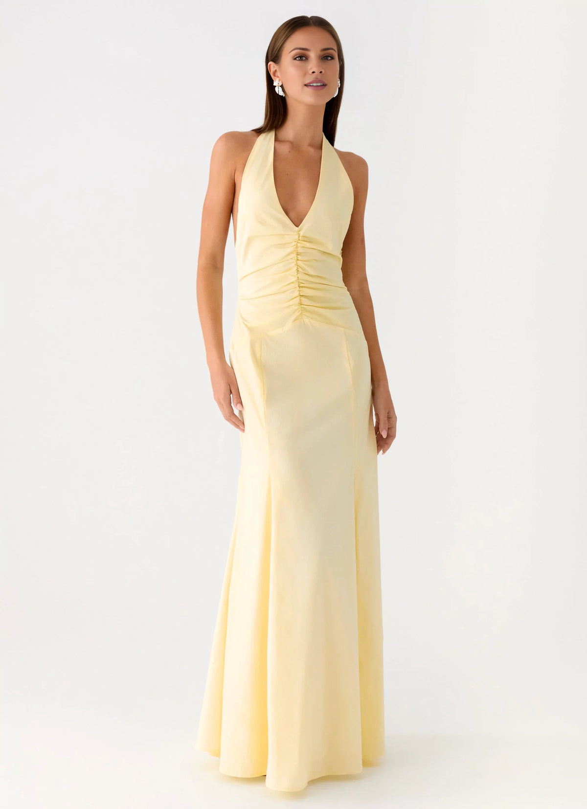 Butter Chiffon Halter A-Line Floor-Length Bridesmaid Dress with Ruched Bodice