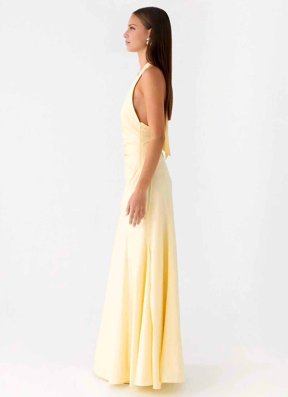 Butter Chiffon Halter A-Line Floor-Length Bridesmaid Dress with Ruched Bodice