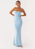 Sky Blue Stretch Knit Sheath/column Floor-Length Evening Dress with Criss-Cross Straps
