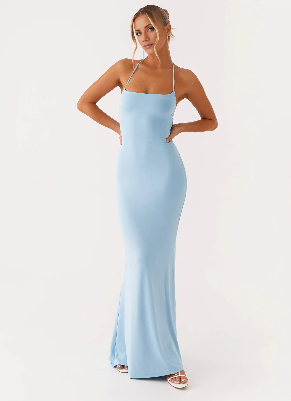 Sky Blue Stretch Knit Sheath/column Floor-Length Evening Dress with Criss-Cross Straps