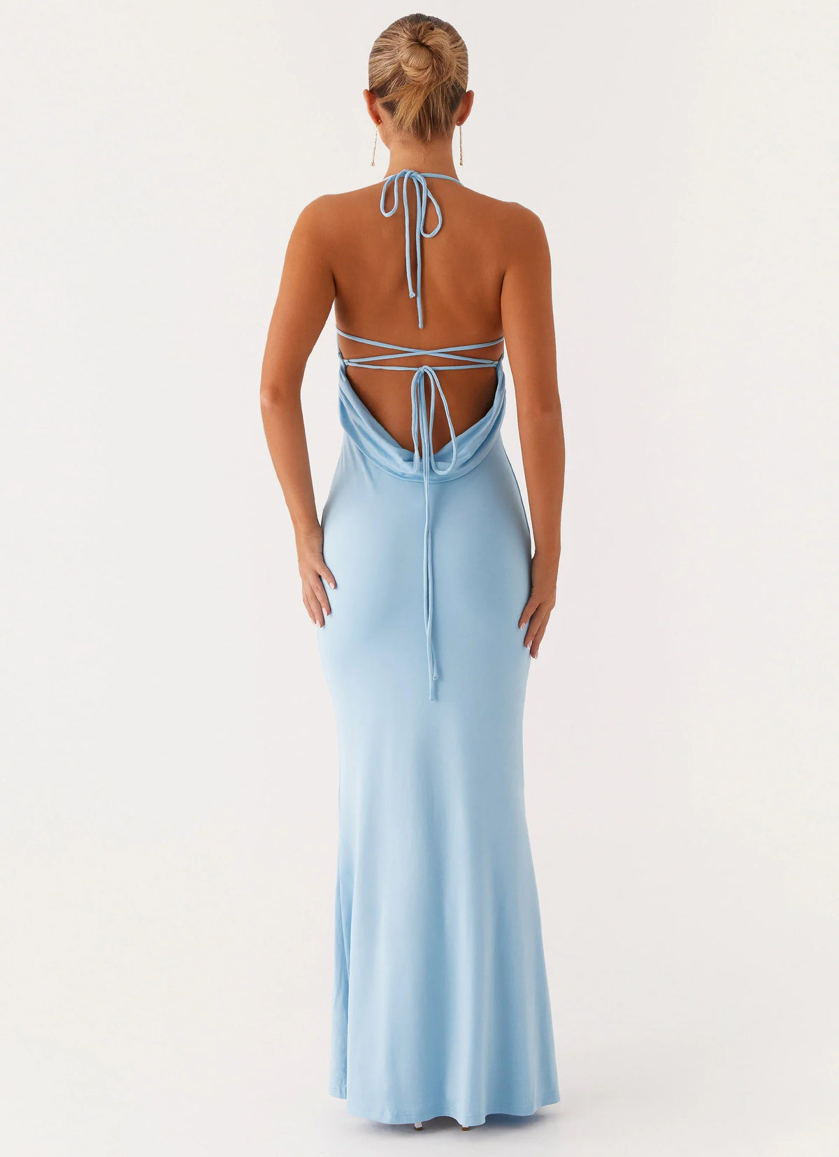 Sky Blue Stretch Knit Sheath/column Floor-Length Evening Dress with Criss-Cross Straps