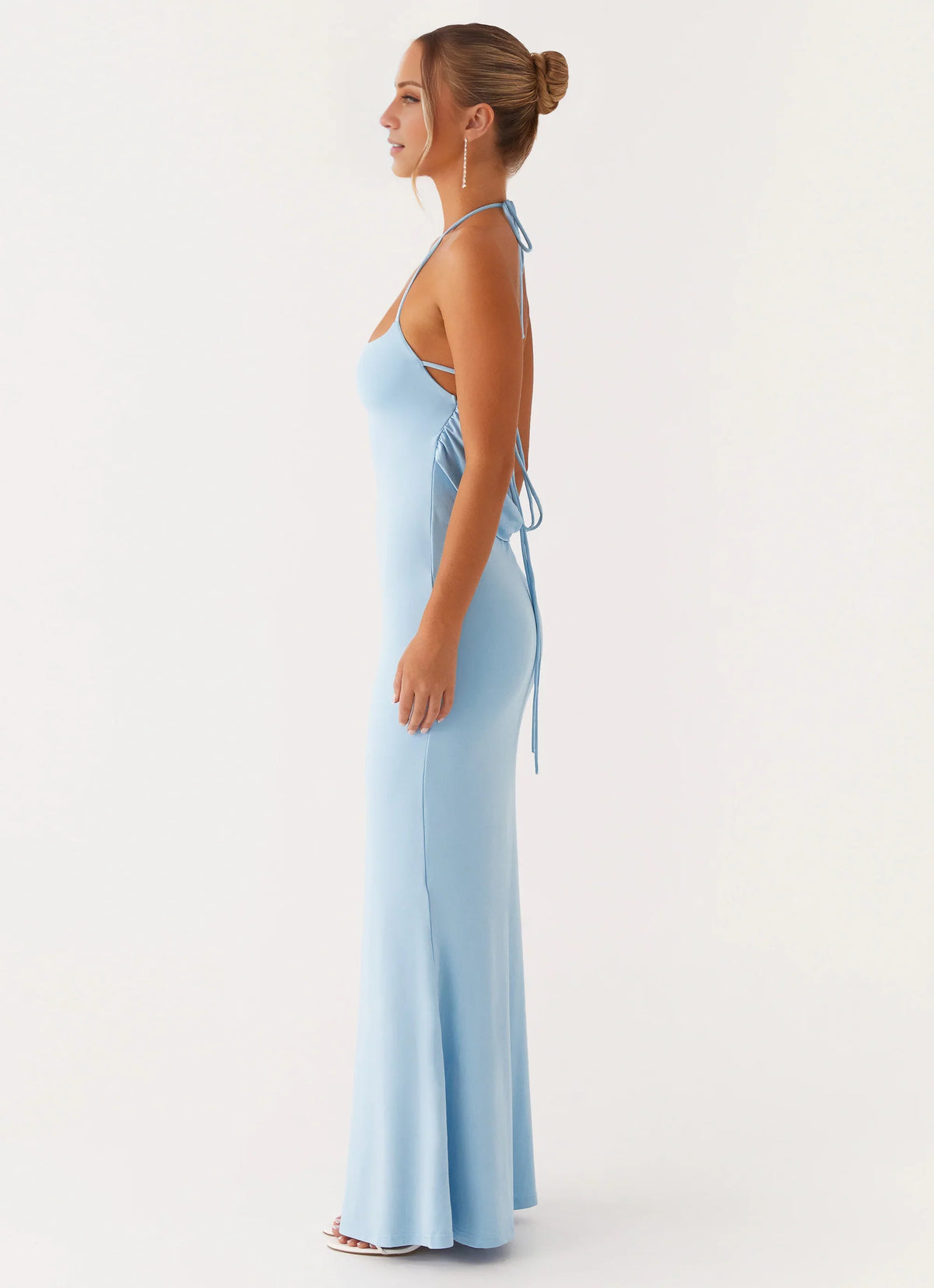 Sky Blue Stretch Knit Sheath/column Floor-Length Evening Dress with Criss-Cross Straps