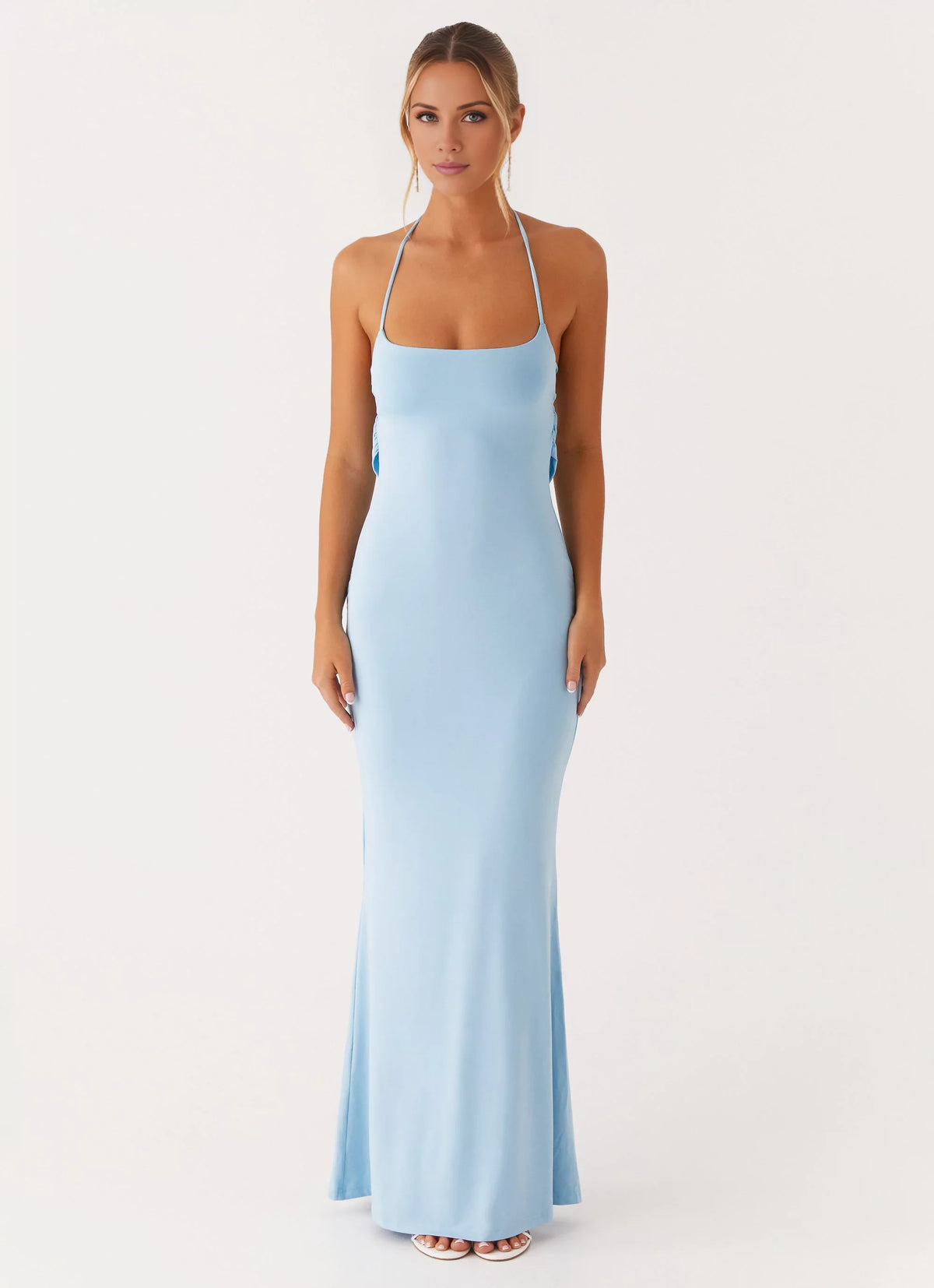 Sky Blue Stretch Knit Sheath/column Floor-Length Evening Dress with Criss-Cross Straps