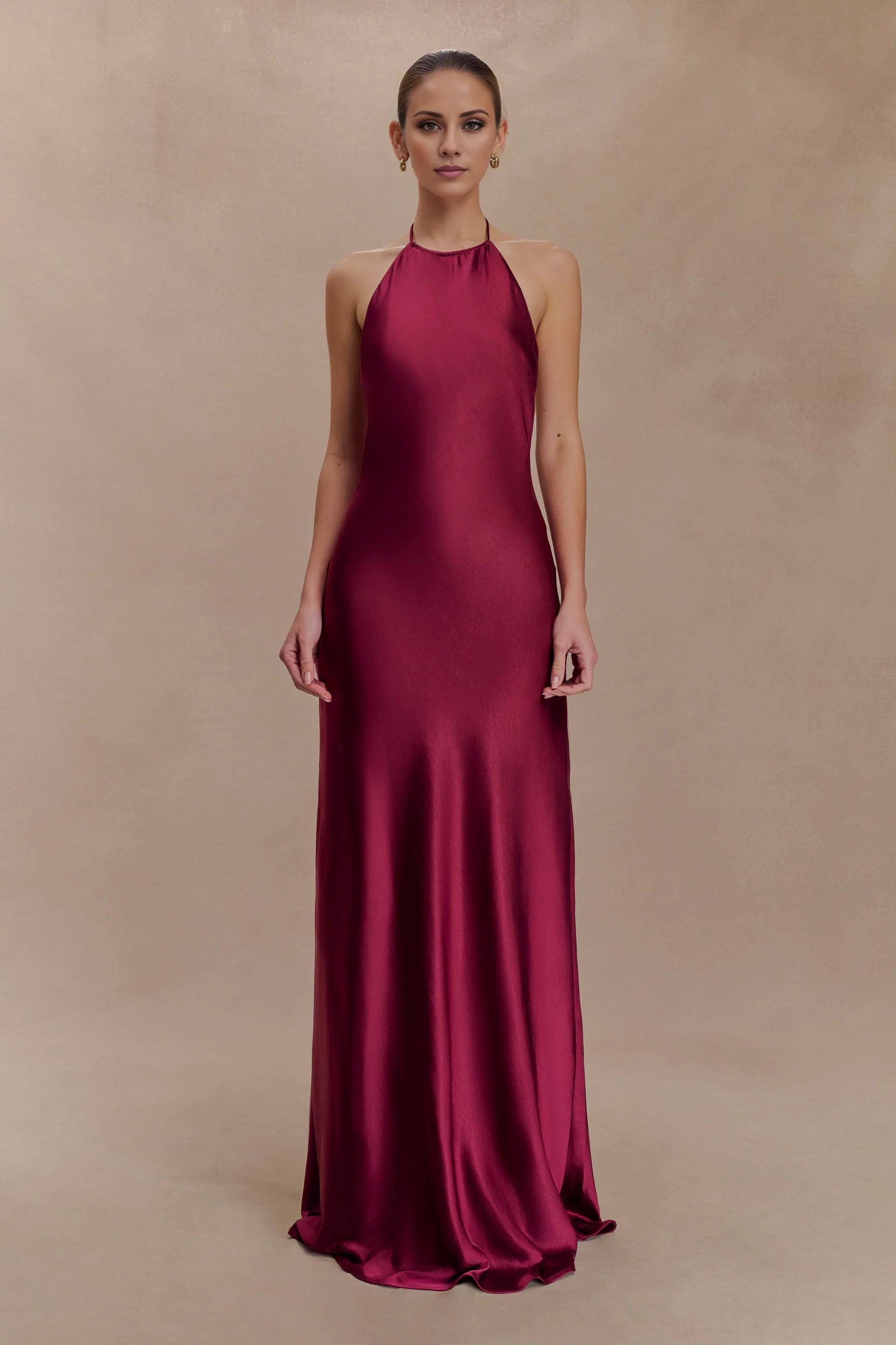 Elegant-Simple Satin Halter-Neck Sleeveless Open-Back Flowy Floor-Length Evening Dress