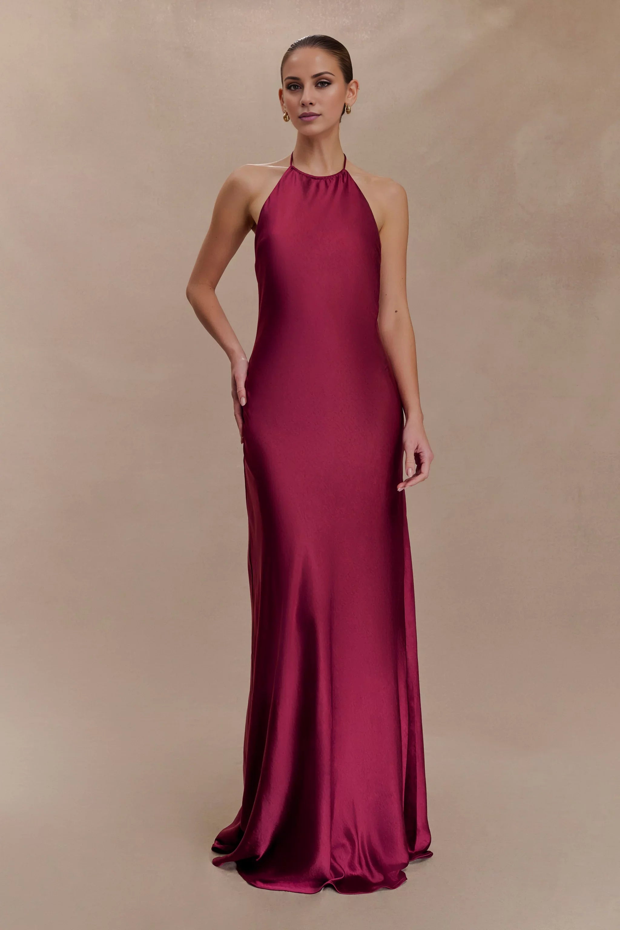Elegant-Simple Satin Halter-Neck Sleeveless Open-Back Flowy Floor-Length Evening Dress