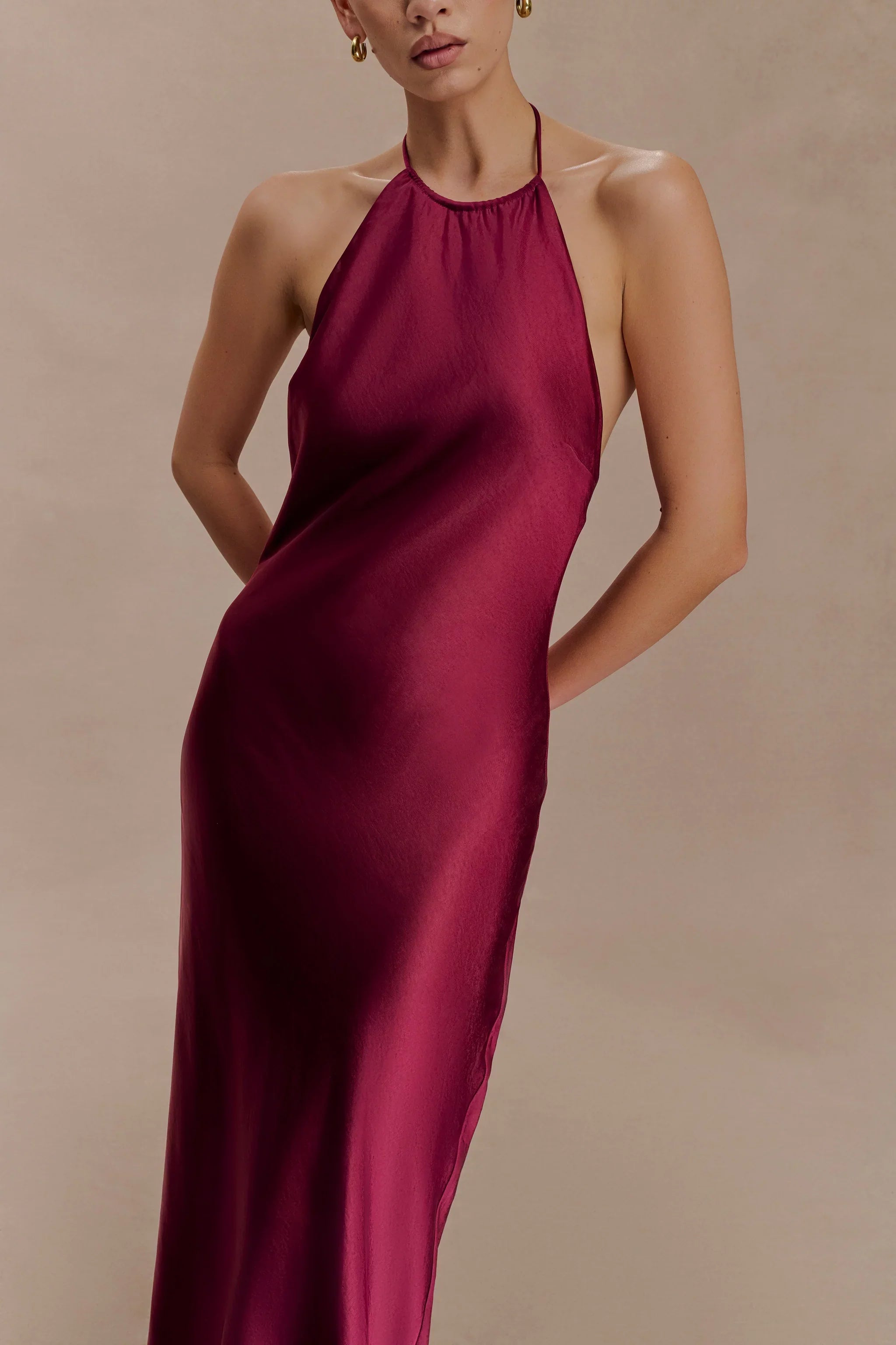 Elegant-Simple Satin Halter-Neck Sleeveless Open-Back Flowy Floor-Length Evening Dress